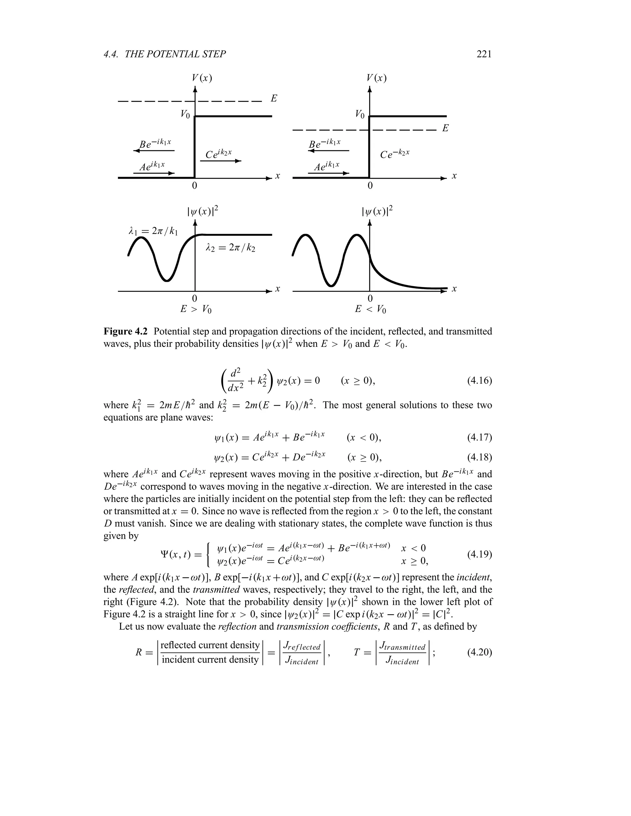 4.4. THE POTENTIAL STEP 221
-
6
0
x
Ox 2
-
6
0
x
Ox 2
-
6
0
x
Vx
V0
E
Aeik1x
-
Beik1x
¾
Ceik2x
-
-
6
0
x
Vx
V0
Aeik1x
-
Beik1x
¾
Cek2x
E
D1  2Hk1
D2  2Hk2
E V0 E  V0
Figure 4.2 Potential step and propagation directions of the incident, reflected, and transmitted
waves, plus their probability densities Ox 2
when E V0 and E  V0.
t
d2
dx2
 k2
2
u
O2x  0 x o 0 (4.16)
where k2
1  2mE
h2 and k2
2  2mE  V0
h2. The most general solutions to these two
equations are plane waves:
O1x  Aeik1x
 Beik1x
x  0 (4.17)
O2x  Ceik2x
 Deik2x
x o 0 (4.18)
where Aeik1x and Ceik2x represent waves moving in the positive x-direction, but Beik1x and
Deik2x correspond to waves moving in the negative x-direction. We are interested in the case
where the particles are initially incident on the potential step from the left: they can be reflected
or transmitted at x  0. Since no wave is reflected from the region x 0 to the left, the constant
D must vanish. Since we are dealing with stationary states, the complete wave function is thus
given by
x t 
|
O1xeit  Aeik1xt  Beik1xt x  0
O2xeit  Ceik2xt x o 0
(4.19)
where A exp[ik1x t], B exp[ik1x t], and C exp[ik2x t] represent the incident,
the reflected, and the transmitted waves, respectively; they travel to the right, the left, and the
right (Figure 4.2). Note that the probability density Ox 2
shown in the lower left plot of
Figure 4.2 is a straight line for x 0, since O2x 2
 C exp ik2x  t 2
 C 2
.
Let us now evaluate the reflection and transmission coefficients, R and T, as defined by
R 
n
n
n
n
reflected current density
incident current density
n
n
n
n 
n
n
n
n
Jref lected
Jincident
n
n
n
n  T 
n
n
n
n
Jtransmitted
Jincident
n
n
n
n  (4.20)
 