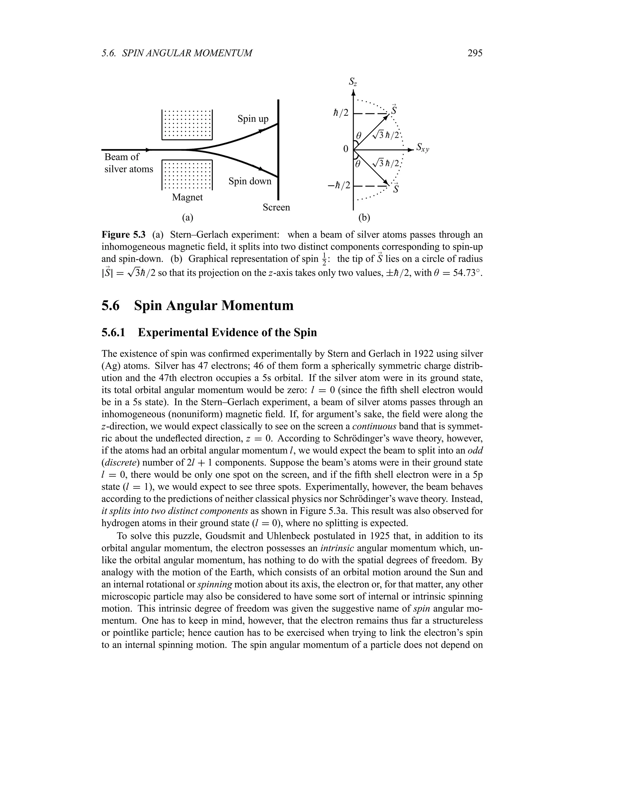 5.6. SPIN ANGULAR MOMENTUM 295








































































































































































Beam of
silver atoms
Magnet
Screen
Spin up
Spin down
-
©
©
*
H
H
j
-
6
0
@
@
@
@
R ;
S

h2
¡
¡
¡
¡
µ
;
S

h2
T
3 
h2
T
3 
h2
A
A
Sz
Sxy
(a) (b)
Figure 5.3 (a) Stern–Gerlach experiment: when a beam of silver atoms passes through an
inhomogeneous magnetic field, it splits into two distinct components corresponding to spin-up
and spin-down. (b) Graphical representation of spin 1
2 : the tip of ;
S lies on a circle of radius
;
S 
T
3
h2 so that its projection on the z-axis takes only two values, 
h2, with A  5473i.
5.6 Spin Angular Momentum
5.6.1 Experimental Evidence of the Spin
The existence of spin was confirmed experimentally by Stern and Gerlach in 1922 using silver
(Ag) atoms. Silver has 47 electrons; 46 of them form a spherically symmetric charge distrib-
ution and the 47th electron occupies a 5s orbital. If the silver atom were in its ground state,
its total orbital angular momentum would be zero: l  0 (since the fifth shell electron would
be in a 5s state). In the Stern–Gerlach experiment, a beam of silver atoms passes through an
inhomogeneous (nonuniform) magnetic field. If, for argument’s sake, the field were along the
z-direction, we would expect classically to see on the screen a continuous band that is symmet-
ric about the undeflected direction, z  0. According to Schrödinger’s wave theory, however,
if the atoms had an orbital angular momentum l, we would expect the beam to split into an odd
(discrete) number of 2l  1 components. Suppose the beam’s atoms were in their ground state
l  0, there would be only one spot on the screen, and if the fifth shell electron were in a 5p
state (l  1), we would expect to see three spots. Experimentally, however, the beam behaves
according to the predictions of neither classical physics nor Schrödinger’s wave theory. Instead,
it splits into two distinct components as shown in Figure 5.3a. This result was also observed for
hydrogen atoms in their ground state (l  0), where no splitting is expected.
To solve this puzzle, Goudsmit and Uhlenbeck postulated in 1925 that, in addition to its
orbital angular momentum, the electron possesses an intrinsic angular momentum which, un-
like the orbital angular momentum, has nothing to do with the spatial degrees of freedom. By
analogy with the motion of the Earth, which consists of an orbital motion around the Sun and
an internal rotational or spinning motion about its axis, the electron or, for that matter, any other
microscopic particle may also be considered to have some sort of internal or intrinsic spinning
motion. This intrinsic degree of freedom was given the suggestive name of spin angular mo-
mentum. One has to keep in mind, however, that the electron remains thus far a structureless
or pointlike particle; hence caution has to be exercised when trying to link the electron’s spin
to an internal spinning motion. The spin angular momentum of a particle does not depend on
 