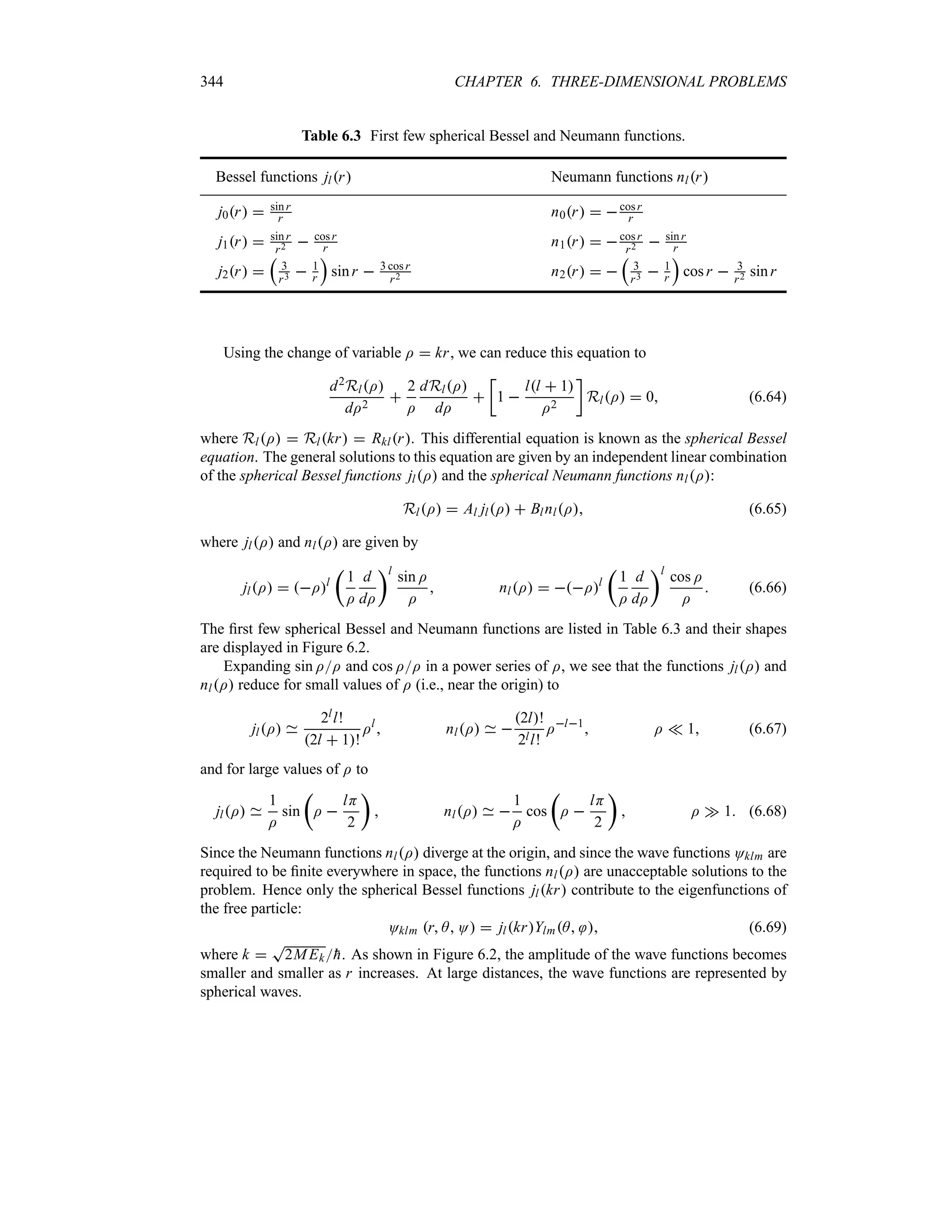 344 CHAPTER 6. THREE-DIMENSIONAL PROBLEMS
Table 6.3 First few spherical Bessel and Neumann functions.
Bessel functions jlr Neumann functions nlr
j0r  sinr
r n0r  cosr
r
j1r  sinr
r2  cosr
r n1r  cosr
r2  sinr
r
j2r 
r
3
r3  1
r
s
sinr  3 cosr
r2 n2r  
r
3
r3  1
r
s
cosr  3
r2 sinr
Using the change of variable I  kr, we can reduce this equation to
d2RlI
dI2

2
I
dRlI
dI

v
1 
ll  1
I2
w
RlI  0 (6.64)
where RlI  Rlkr  Rklr. This differential equation is known as the spherical Bessel
equation. The general solutions to this equation are given by an independent linear combination
of the spherical Bessel functions jlI and the spherical Neumann functions nlI:
RlI  Al jlI  BlnlI (6.65)
where jlI and nlI are given by
jlI  Il
t
1
I
d
dI
ul
sin I
I
 nlI  Il
t
1
I
d
dI
ul
cos I
I
 (6.66)
The first few spherical Bessel and Neumann functions are listed in Table 6.3 and their shapes
are displayed in Figure 6.2.
Expanding sin II and cos II in a power series of I, we see that the functions jlI and
nlI reduce for small values of I (i.e., near the origin) to
jlI
2ll!
2l  1!
Il
 nlI 
2l!
2ll!
Il1
 I v 1 (6.67)
and for large values of I to
jlI
1
I
sin
t
I 
lH
2
u
 nlI 
1
I
cos
t
I 
lH
2
u
 I w 1 (6.68)
Since the Neumann functions nlI diverge at the origin, and since the wave functions Oklm are
required to be finite everywhere in space, the functions nlI are unacceptable solutions to the
problem. Hence only the spherical Bessel functions jlkr contribute to the eigenfunctions of
the free particle:
Oklm r A O  jlkrYlmA  (6.69)
where k 
T
2MEk
h. As shown in Figure 6.2, the amplitude of the wave functions becomes
smaller and smaller as r increases. At large distances, the wave functions are represented by
spherical waves.
 