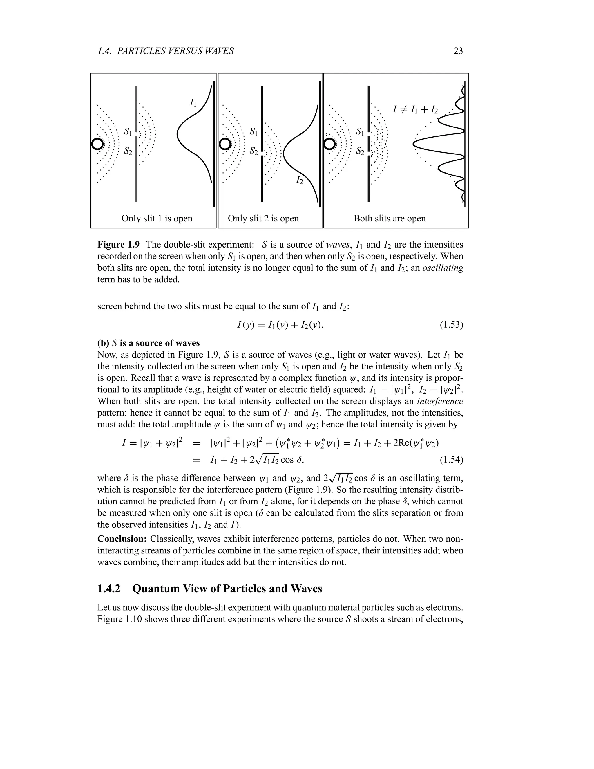 1.4. PARTICLES VERSUS WAVES 23
i
j
k
S1
S2
I1
Only slit 1 is open
i
j
k
S1
S2
I2
Only slit 2 is open
i
j
k
S1
S2
Both slits are open
I / I1  I2
Figure 1.9 The double-slit experiment: S is a source of waves, I1 and I2 are the intensities
recorded on the screen when only S1 is open, and then when only S2 is open, respectively. When
both slits are open, the total intensity is no longer equal to the sum of I1 and I2; an oscillating
term has to be added.
screen behind the two slits must be equal to the sum of I1 and I2:
I y  I1y  I2y (1.53)
(b) S is a source of waves
Now, as depicted in Figure 1.9, S is a source of waves (e.g., light or water waves). Let I1 be
the intensity collected on the screen when only S1 is open and I2 be the intensity when only S2
is open. Recall that a wave is represented by a complex function O, and its intensity is propor-
tional to its amplitude (e.g., height of water or electric field) squared: I1  O1
2 I2  O2
2.
When both slits are open, the total intensity collected on the screen displays an interference
pattern; hence it cannot be equal to the sum of I1 and I2. The amplitudes, not the intensities,
must add: the total amplitude O is the sum of O1 and O2; hence the total intensity is given by
I  O1  O2
2
 O1
2
 O2
2

b
O`
1 O2  O`
2 O1
c
 I1  I2  2ReO`
1 O2
 I1  I2  2
S
I1 I2 cos = (1.54)
where = is the phase difference between O1 and O2, and 2
T
I1 I2 cos = is an oscillating term,
which is responsible for the interference pattern (Figure 1.9). So the resulting intensity distrib-
ution cannot be predicted from I1 or from I2 alone, for it depends on the phase =, which cannot
be measured when only one slit is open (= can be calculated from the slits separation or from
the observed intensities I1, I2 and I).
Conclusion: Classically, waves exhibit interference patterns, particles do not. When two non-
interacting streams of particles combine in the same region of space, their intensities add; when
waves combine, their amplitudes add but their intensities do not.
1.4.2 Quantum View of Particles and Waves
Let us now discuss the double-slit experiment with quantum material particles such as electrons.
Figure 1.10 shows three different experiments where the source S shoots a stream of electrons,
 