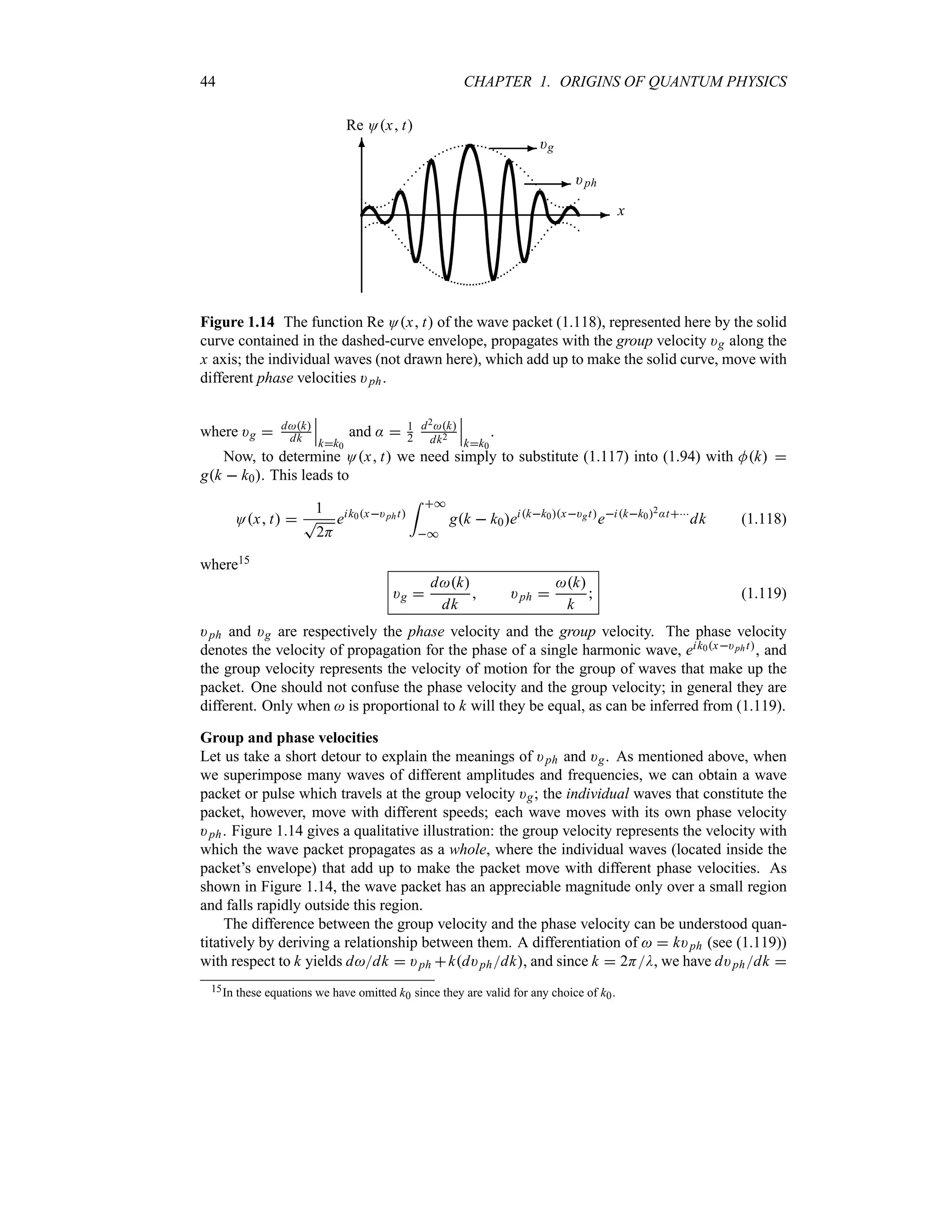 44 CHAPTER 1. ORIGINS OF QUANTUM PHYSICS
- x
6
Re Ox t
- )g
- )ph
Figure 1.14 The function Re Ox t of the wave packet (1.118), represented here by the solid
curve contained in the dashed-curve envelope, propagates with the group velocity )g along the
x axis; the individual waves (not drawn here), which add up to make the solid curve, move with
different phase velocities )ph.
where )g  dk
dk
n
n
n
kk0
and :  1
2
d2k
dk2
n
n
n
kk0
.
Now, to determine Ox t we need simply to substitute (1.117) into (1.94) with Mk 
gk  k0. This leads to
Ox t 
1
T
2H
eik0x)pht
= *
*
gk  k0eikk0x)gt
eikk02:t
dk (1.118)
where15
)g 
dk
dk
 )ph 
k
k
 (1.119)
)ph and )g are respectively the phase velocity and the group velocity. The phase velocity
denotes the velocity of propagation for the phase of a single harmonic wave, eik0x)pht, and
the group velocity represents the velocity of motion for the group of waves that make up the
packet. One should not confuse the phase velocity and the group velocity; in general they are
different. Only when  is proportional to k will they be equal, as can be inferred from (1.119).
Group and phase velocities
Let us take a short detour to explain the meanings of )ph and )g. As mentioned above, when
we superimpose many waves of different amplitudes and frequencies, we can obtain a wave
packet or pulse which travels at the group velocity )g; the individual waves that constitute the
packet, however, move with different speeds; each wave moves with its own phase velocity
)ph. Figure 1.14 gives a qualitative illustration: the group velocity represents the velocity with
which the wave packet propagates as a whole, where the individual waves (located inside the
packet’s envelope) that add up to make the packet move with different phase velocities. As
shown in Figure 1.14, the wave packet has an appreciable magnitude only over a small region
and falls rapidly outside this region.
The difference between the group velocity and the phase velocity can be understood quan-
titatively by deriving a relationship between them. A differentiation of   k)ph (see (1.119))
with respect to k yields ddk  )ph kd)phdk, and since k  2HD, we have d)phdk 
15In these equations we have omitted k0 since they are valid for any choice of k0.
 