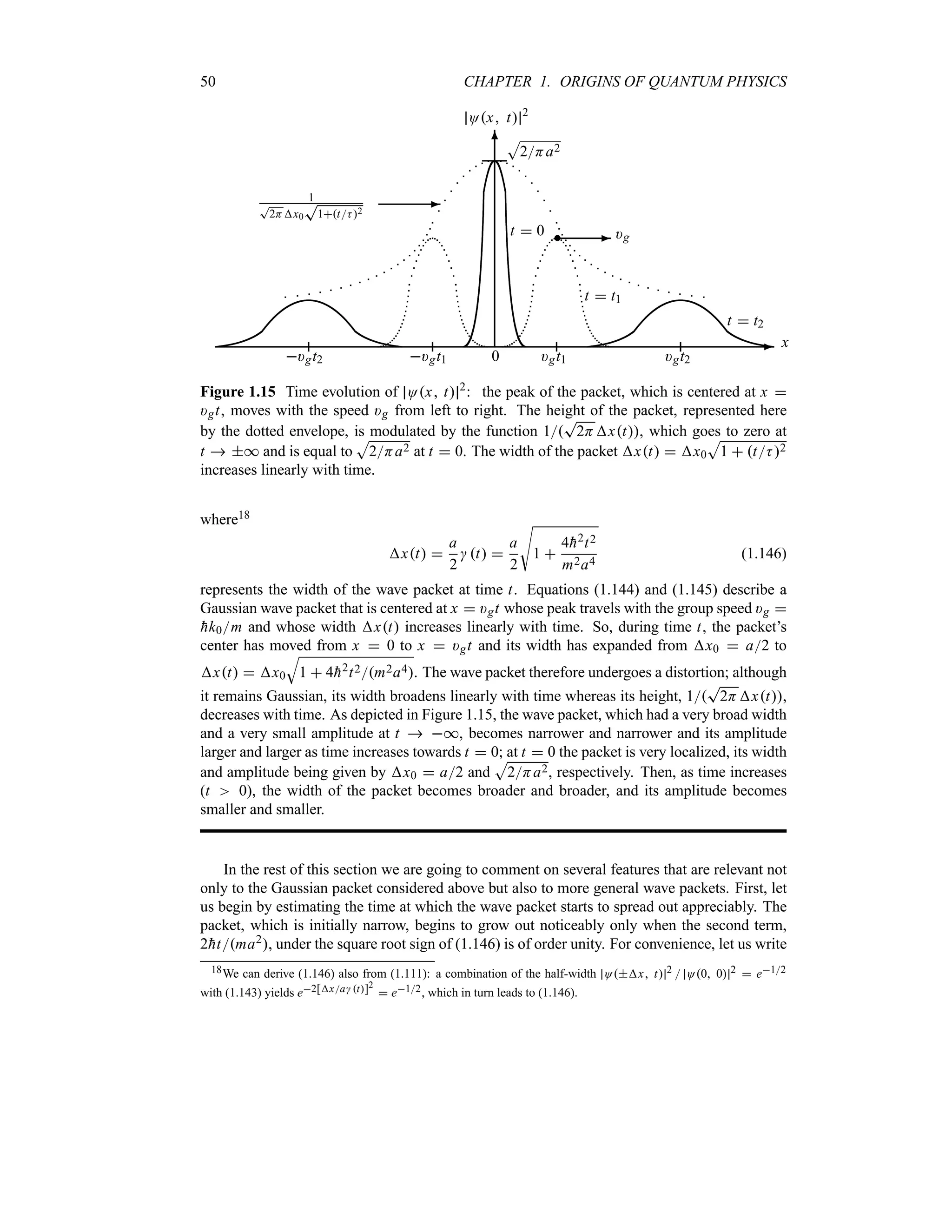 50 CHAPTER 1. ORIGINS OF QUANTUM PHYSICS
-
6
1
T
2Hx0
T
1tK2
-
t  0
t  t1
t  t2
S
2Ha2
Ox t 2
)gt2 )gt1 0 )gt1 )gt2
x
- )g

Figure 1.15 Time evolution of Ox t 2
: the peak of the packet, which is centered at x 
)gt, moves with the speed )g from left to right. The height of the packet, represented here
by the dotted envelope, is modulated by the function 1
T
2Hxt, which goes to zero at
t  * and is equal to
S
2Ha2 at t  0. The width of the packet xt  x0
S
1  tK2
increases linearly with time.
where18
xt 
a
2
 t 
a
2
V
1 
4
h2t2
m2a4
(1.146)
represents the width of the wave packet at time t. Equations (1.144) and (1.145) describe a
Gaussian wave packet that is centered at x  )gt whose peak travels with the group speed )g 

hk0m and whose width xt increases linearly with time. So, during time t, the packet’s
center has moved from x  0 to x  )gt and its width has expanded from x0  a2 to
xt  x0
T
1  4
h2t2m2a4. The wave packet therefore undergoes a distortion; although
it remains Gaussian, its width broadens linearly with time whereas its height, 1
T
2Hxt,
decreases with time. As depicted in Figure 1.15, the wave packet, which had a very broad width
and a very small amplitude at t  *, becomes narrower and narrower and its amplitude
larger and larger as time increases towards t  0; at t  0 the packet is very localized, its width
and amplitude being given by x0  a2 and
S
2Ha2, respectively. Then, as time increases
(t 0), the width of the packet becomes broader and broader, and its amplitude becomes
smaller and smaller.
In the rest of this section we are going to comment on several features that are relevant not
only to the Gaussian packet considered above but also to more general wave packets. First, let
us begin by estimating the time at which the wave packet starts to spread out appreciably. The
packet, which is initially narrow, begins to grow out noticeably only when the second term,
2
htma2, under the square root sign of (1.146) is of order unity. For convenience, let us write
18We can derive (1.146) also from (1.111): a combination of the half-width Ox t 2  O0 0 2  e12
with (1.143) yields e2[xa t]2
 e12, which in turn leads to (1.146).
 