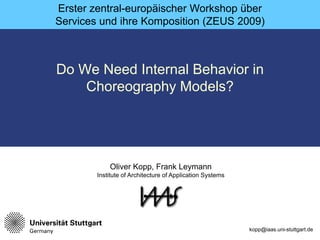 Erster zentral-europäischer Workshop über
Services und ihre Komposition (ZEUS 2009)



Do We Need Internal Behavior in
    Choreography Models?




            Oliver Kopp, Frank Leymann
        Institute of Architecture of Application Systems




                                                           kopp@iaas.uni-stuttgart.de
 