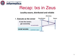 Recap: txs in Zeus
43
Locality-aware, distributed and reliable
 