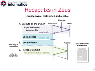 Recap: txs in Zeus
46
Locality-aware, distributed and reliable
 