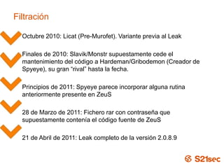 Filtración
• Octubre 2010: Licat (Pre-Murofet). Variante previa al Leak
• Finales de 2010: Slavik/Monstr supuestamente ced...
