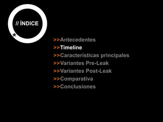 // ÍNDICE
* Antecedentes
Timeline
Características principales
Variantes Pre-Leak
Variantes Post-Leak
Comparativa
Conclusiones
 