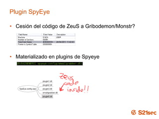 Plugin SpyEye
• Cesión del código de ZeuS a Gribodemon/Monstr?
• Materializado en plugins de Spyeye
 