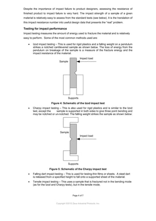 Despite the importance of impact failure to product designers, assessing the resistance of
finished product to impact failure is very hard. The impact strength of a sample of a given
material is relatively easy to assess from the standard tests (see below). It is the translation of
this impact resistance number into useful design data that presents the “real” problem.

Testing for impact performance
Impact testing measures the amount of energy used to fracture the material and is relatively
easy to perform. Some of the most common methods used are:

    •   Izod impact testing – This is used for rigid plastics and a falling weight on a pendulum
        strikes a notched cantilevered sample as shown below. The loss of energy from the
        pendulum on breakage of the sample is a measure of the fracture energy and the
        impact resistance of the material.
                                                     Impact load
                                Sample




                                         Supports

                         Figure 4: Schematic of the Izod impact test
    •   Charpy impact testing – This is also used for rigid plastics and is similar to the Izod
        test, except the    sample is supported in both sides to give three point bending and
        may be notched or un-notched. The falling weight strikes the sample as shown below:




                                 Sample
                                                     Impact load




                                         Supports

                       Figure 5: Schematic of the Charpy impact test
    •   Falling dart impact testing – This is used for testing thin films or sheets. A steel dart
        is released from a specified height to fall onto a supported sheet of the material.
    •   Tensile impact testing – This uses a sample that is fractured not in the bending mode
        (as for the Izod and Charpy tests), but in the tensile mode.



                                              Page 4 of 7


                             Copyright ©2010 Zeus Industrial Products, Inc.
 