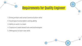 Requirements for Quality Engineer
1. Strong written and verbal communication skills
2. Good logical and problem solving ability
3. Ability to work in a team
4. Exposure to web-based tools and technologies
5. Willingness to learn new skills
 