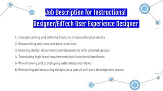 Job Description for Instructional
Designer/EdTech User Experience Designer
1. Conceptualizing and defining features of educational products
2. Researching solutions and best-practices
3. Creating design documents and storyboards with detailed layouts
4. Translating high-level requirements into functional interfaces
5. Wire-framing and prototyping with interaction flows
6. Presenting and executing designs as a part of software development teams
 