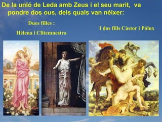 De la unió de Leda amb Zeus i el seu marit, va
 pondre dos ous, dels quals van néixer:
        Dues filles :
                                I dos fills Càstor i Pólux
    Hèlena i Clitemnestra
 