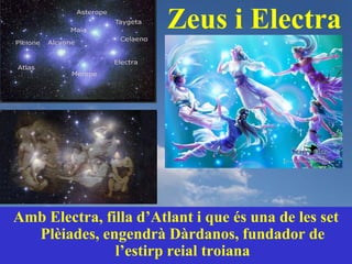 Zeus i Electra




Amb Electra, filla d’Atlant i que és una de les set
  Plèiades, engendrà Dàrdanos, fundador de
               l’estirp reial troiana
 