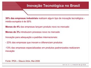 Inovação Tecnológica no Brasil 30% das empresas industriais  realizam algum tipo de inovação tecnológica - média européia é de 50% Menos de 4%  das empresas lançam produto novo no mercado Menos de 3%  introduzem processo novo no mercado Inovação para adequação a padrões internacionais:  - 23% das empresas que inovam e diferenciam produtos 13% das empresas especializadas em produtos padronizados realizaram inovação Fonte: IPEA – Glauco Arbix, Mar.2006 