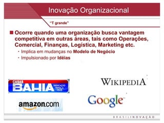 Inovação Organizacional Ocorre quando uma organização busca vantagem competitiva em outras áreas, tais como Operações, Comercial, Finanças, Logística, Marketing etc. Implica em mudanças no  Modelo de Negócio Impulsionado por  Idéias “ T grande” 