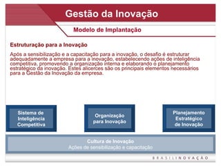 Estruturação para a Inovação Após a sensibilização e a capacitação para a inovação, o desafio é estruturar adequadamente a empresa para a inovação, estabelecendo ações de inteligência competitiva, promovendo a organização interna e elaborando o planejamento estratégico da inovação. Estes alicerces são os principais elementos necessários para a Gestão da Inovação da empresa. Gestão da Inovação Modelo de Implantação Cultura de Inovação Ações de sensibilização e capacitação Organização para Inovação Planejamento Estratégico de Inovação Sistema de  Inteligência Competitiva 