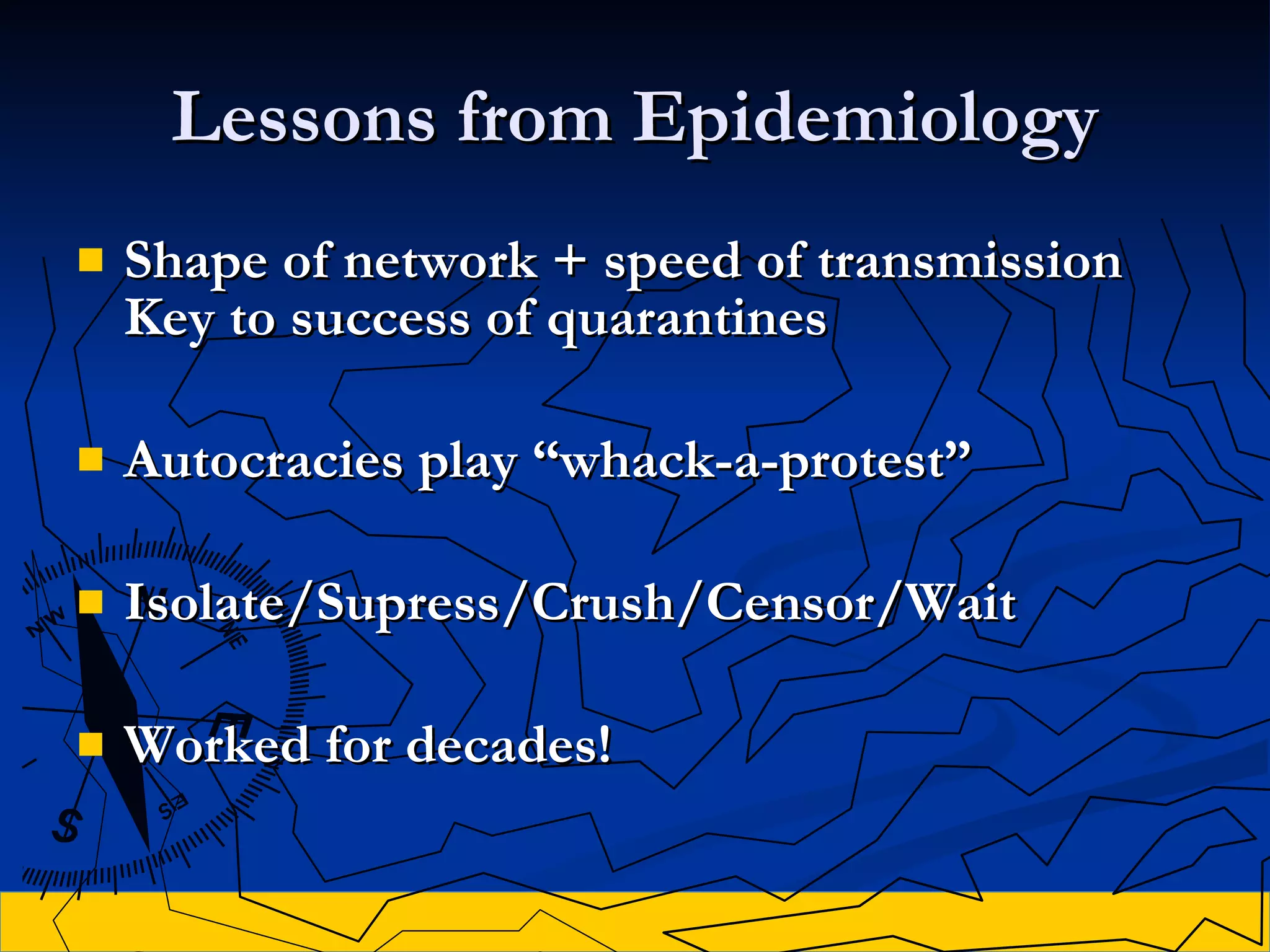 Lessons from Epidemiology Shape of network + speed of transmission Key to success of quarantines Autocracies play “whack-a-protest” Isolate/Supress/Crush/Censor/Wait Worked for decades! 