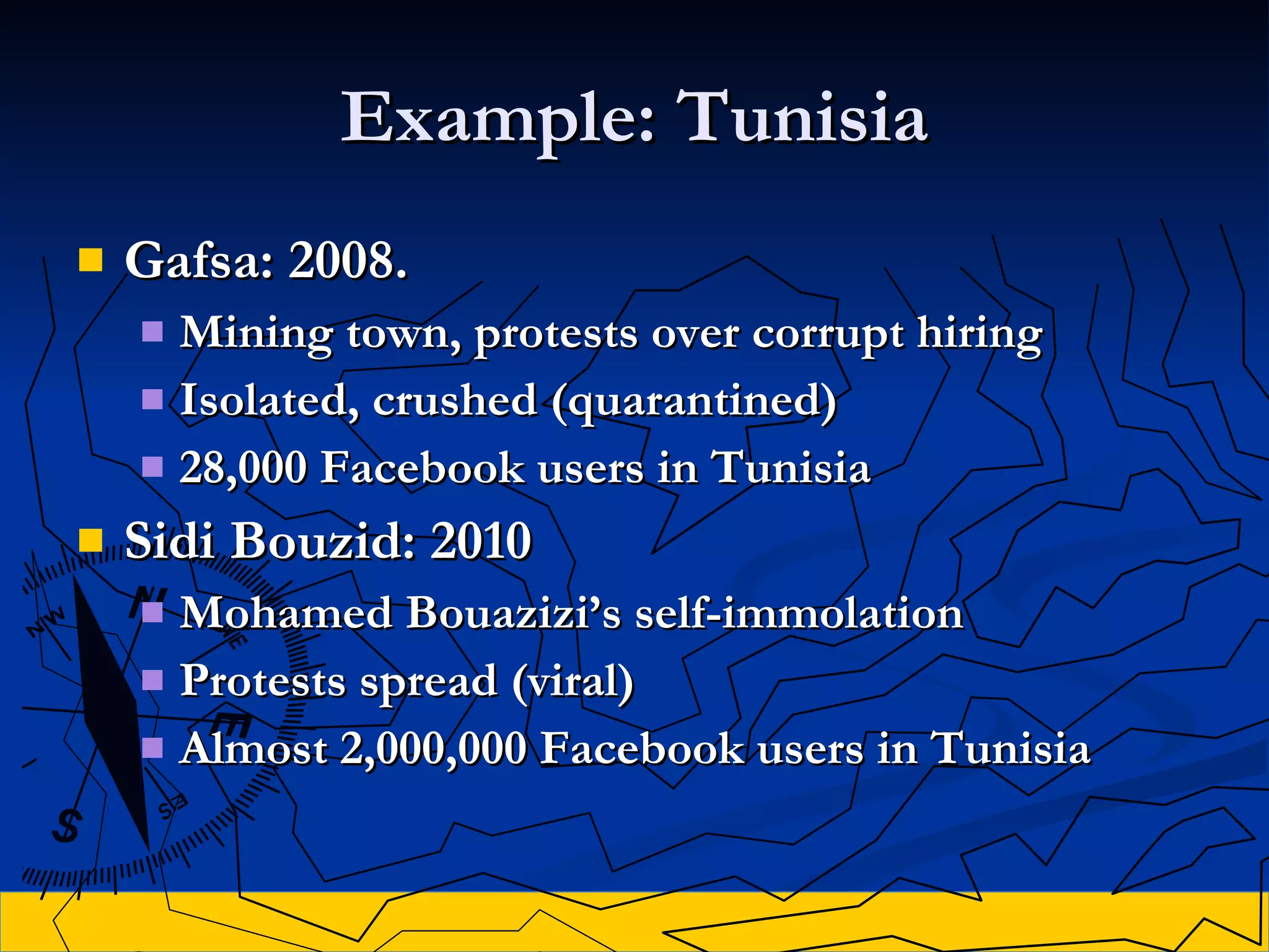 Example: Tunisia Gafsa: 2008.  Mining town, protests over corrupt hiring Isolated, crushed (quarantined) 28,000 Facebook users in Tunisia Sidi Bouzid: 2010 Mohamed  Bouazizi ’s self-immolation Protests spread (viral) Almost 2,000,000 Facebook users in Tunisia 