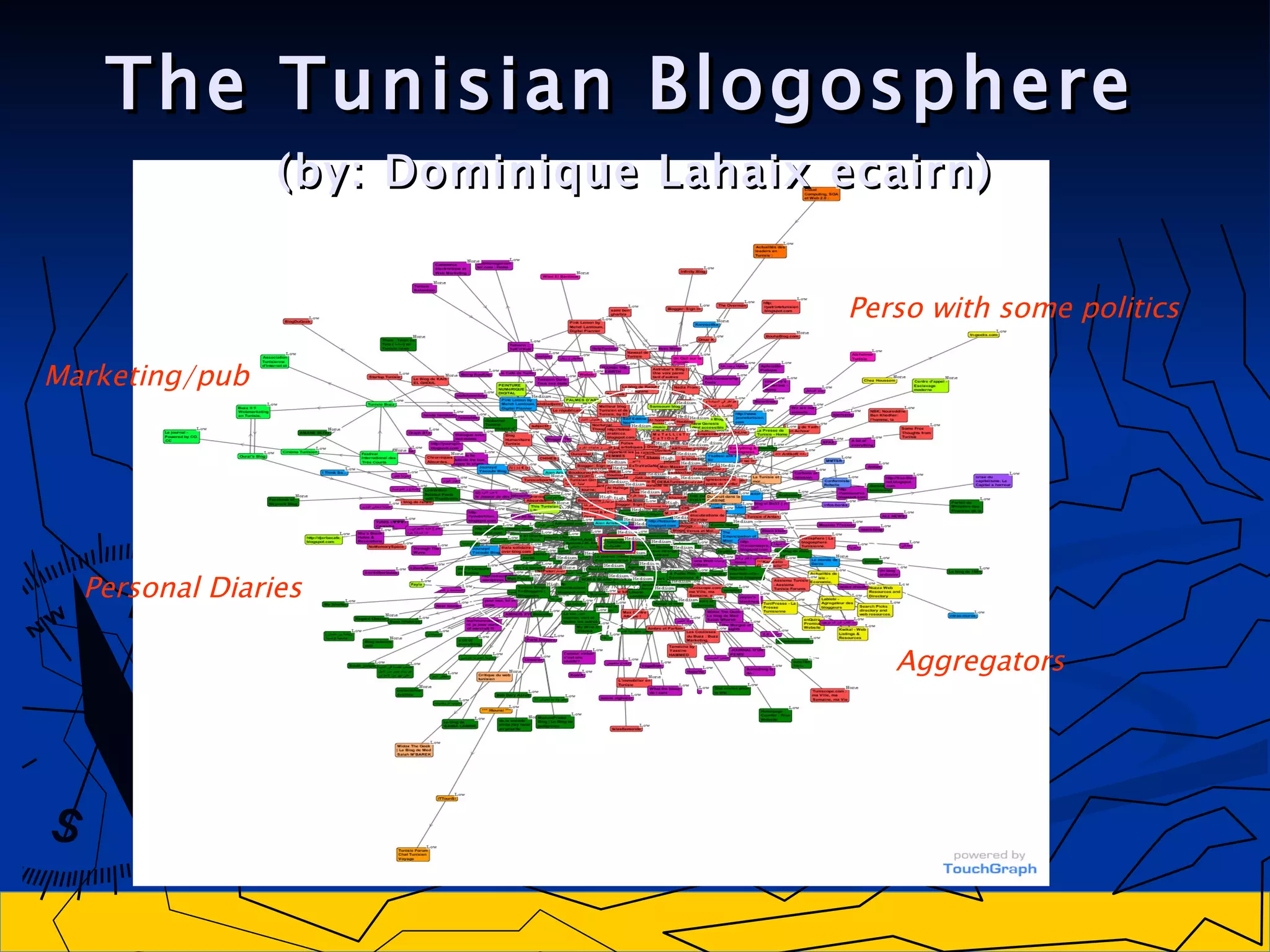 The Tunisian Blogosphere   (by: Dominique Lahaix ecairn) Aggregators Marketing/pub Personal Diaries Perso with some politics 