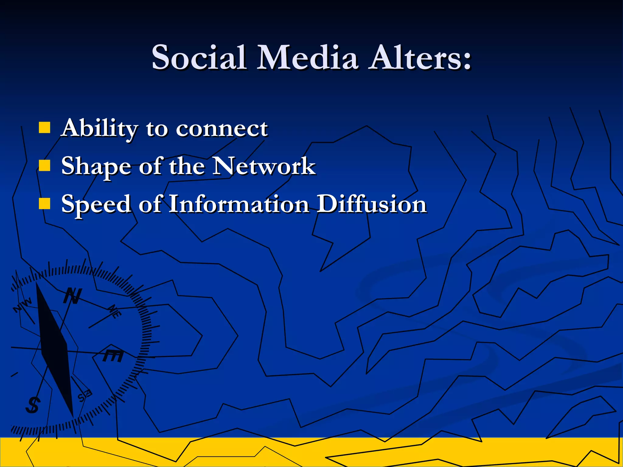 Social Media Alters: Ability to connect Shape of the Network Speed of Information Diffusion 