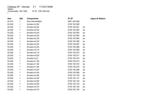 Catálogo ZF - Veicular 3.1 17-OUT-2008 
Tabela 
Transmissão: 16S 1650 Nº ZF: 1297 095 020 
2 
Item Qtd. Componente Nº ZF Jogos de Reparo 
03.010 1 Eixo intermediário 0091 303 092 
03.020 1 Arruela s=2,60 0730 102 060 
03.020 1 Arruela s=2,55 0730 102 061 op 
03.020 1 Arruela s=2,50 0730 102 062 op 
03.020 1 Arruela s=2,45 0730 102 063 op 
03.020 1 Arruela s=2,40 0730 102 064 op 
03.020 1 Arruela s=2,35 0730 102 065 op 
03.020 1 Arruela s=2,30 0730 102 066 op 
03.020 1 Arruela s=2,25 0730 102 067 op 
03.020 1 Arruela s=2,20 0730 102 068 op 
03.020 1 Arruela s=2,15 0730 102 069 op 
03.020 1 Arruela s=2,10 0730 102 070 op 
03.020 1 Arruela s=2,05 0730 102 071 op 
03.020 1 Arruela s=2,0 0730 102 072 op 
03.020 1 Arruela s=1,95 0730 102 073 op 
03.020 1 Arruela s=1,90 0730 102 074 op 
03.020 1 Arruela s=1,85 0730 102 075 op 
03.020 1 Arruela s=3,05 0730 102 098 op 
03.020 1 Arruela s=3,00 0730 102 099 op 
03.020 1 Arruela s=2,95 0730 102 100 op 
03.020 1 Arruela s=2,90 0730 102 101 op 
03.020 1 Arruela s=2,85 0730 102 102 op 
03.020 1 Arruela s=2,80 0730 102 103 op 
03.020 1 Arruela s=2,75 0730 102 104 op 
03.020 1 Arruela s=2,70 0730 102 105 op 
 