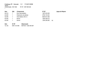 Catálogo ZF - Veicular 3.1 17-OUT-2008 
Tabela 
Transmissão: 16S 1650 Nº ZF: 1297 095 020 
3 
Item Qtd. Componente Nº ZF Jogos de Reparo 
42.010 1 Eixo intermediário 1297 203 005 
42.020 1 Rolamento de esferas 0750 116 233 
42.030 1 Anel elástico 45x1,5 0630 531 055 
42.040 1 Bucha 1295 338 012 
42.040 1 Bucha 1295 338 083 op 
Item Nº ZF Observação 
10.130 0091 310 006 ANTIGO: 1238 309 067 
