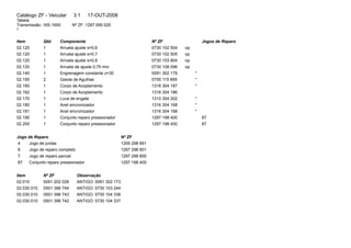 Catálogo ZF - Veicular 3.1 17-OUT-2008 
Tabela 
Transmissão: 16S 1650 Nº ZF: 1297 095 020 
3 
Item Qtd. Componente Nº ZF Jogos de Reparo 
02.120 1 Arruela ajuste s=0,6 0730 102 504 op 
02.120 1 Arruela ajuste s=0,7 0730 102 505 op 
02.120 1 Arruela ajuste s=0,8 0730 103 804 op 
02.120 1 Arruela de ajuste 0,75 mm 0730 108 096 op 
02.140 1 Engrenagem constante z=30 0091 302 179 * 
02.150 2 Gaiola de Agulhas 0750 115 959 * 
02.160 1 Corpo de Acoplamento 1316 304 187 * 
02.162 1 Corpo de Acoplamento 1316 304 186 
02.170 1 Luva de engate 1310 304 202 * 
02.180 1 Anel sincronizador 1316 304 168 * 
02.181 1 Anel sincronizador 1316 304 168 * 
02.190 1 Conjunto reparo pressionador 1297 198 400 87 
02.200 1 Conjunto reparo pressionador 1297 198 400 87 
Jogo de Reparo Nº ZF 
4 Jogo de juntas 1295 298 891 
6 Jogo de reparo completo 1297 298 801 
7 Jogo de reparo parcial 1297 298 800 
87 Conjunto reparo pressionador 1297 198 400 
Item Nº ZF Observação 
02.010 0091 202 028 ANTIGO: 0091 302 173 
02.030.010 0501 396 744 ANTIGO: 0730 103 244 
02.030.010 0501 396 743 ANTIGO: 0730 104 338 
02.030.010 0501 396 742 ANTIGO: 0730 104 337 
 