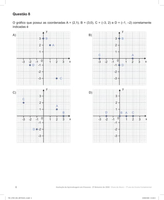 4 Avaliação da Aprendizagem em Processo - 2º Bimestre de 2020  Prova do Aluno - 7º ano do Ensino Fundamental
Questão 8
O gráfico que possui as coordenadas A = (2,1), B = (3,0), C = (–3, 2) e D = (–1, –2) corretamente
indicadas é
A) B)
C) D)
7EF_27ED_MA_REVISAO_2.indd 4 03/06/2020 21:28:21
 
