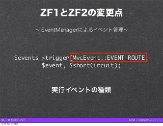 ZF1とZF2の変更点
                 ∼ EventManagerによるイベント管理∼




        $events->trigger(MvcEvent::EVENT_ROUTE,
                ...