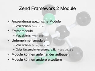 Zend Framework 2 Module
• Anwendungsspezifische Module
– Verzeichnis /module

• Fremdmodule
– Verzeichnis /vendor

• Unter...