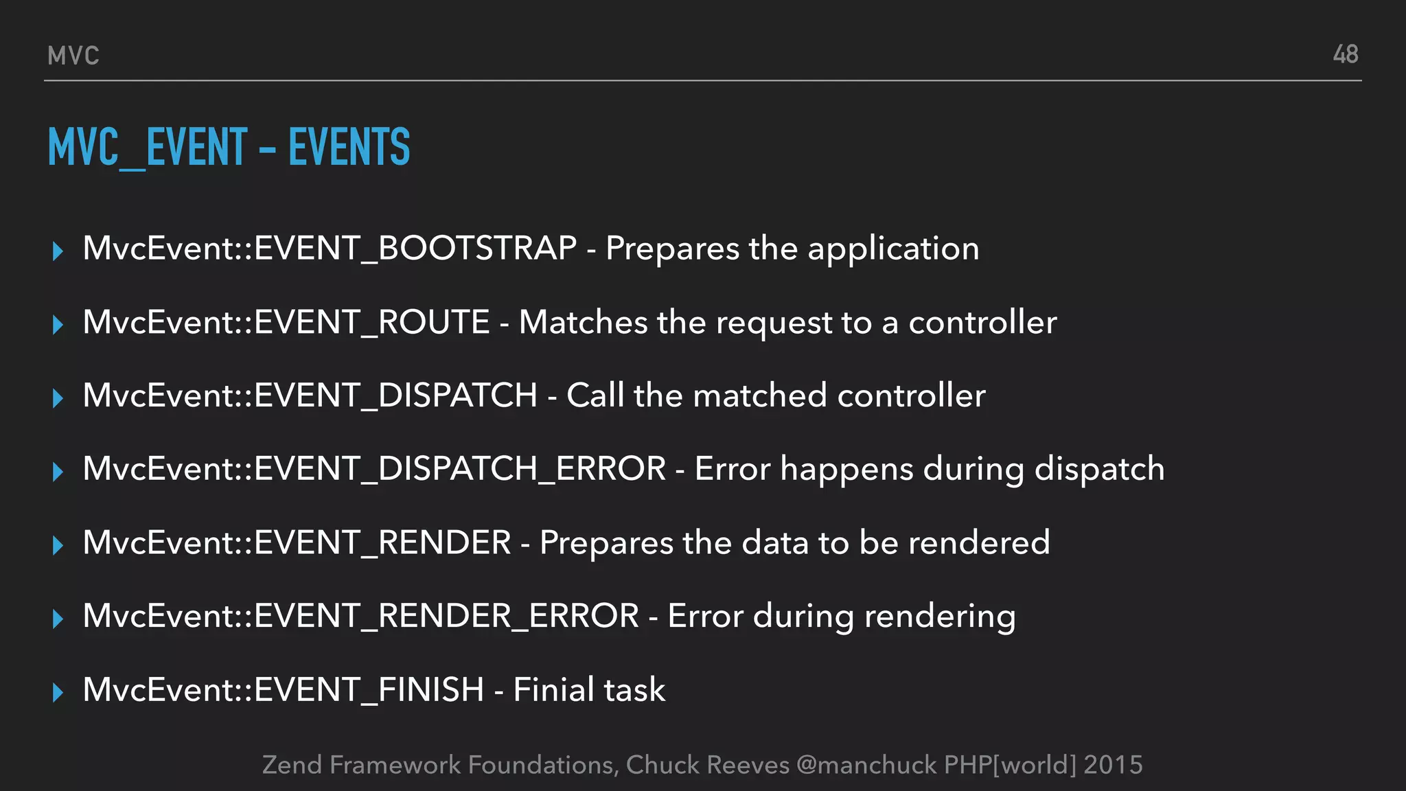 Zend Framework Foundations, Chuck Reeves @manchuck PHP[world] 2015 MVC MVC_EVENT - EVENTS ▸ MvcEvent::EVENT_BOOTSTRAP - Prepares the application ▸ MvcEvent::EVENT_ROUTE - Matches the request to a controller ▸ MvcEvent::EVENT_DISPATCH - Call the matched controller ▸ MvcEvent::EVENT_DISPATCH_ERROR - Error happens during dispatch ▸ MvcEvent::EVENT_RENDER - Prepares the data to be rendered ▸ MvcEvent::EVENT_RENDER_ERROR - Error during rendering ▸ MvcEvent::EVENT_FINISH - Finial task 48 