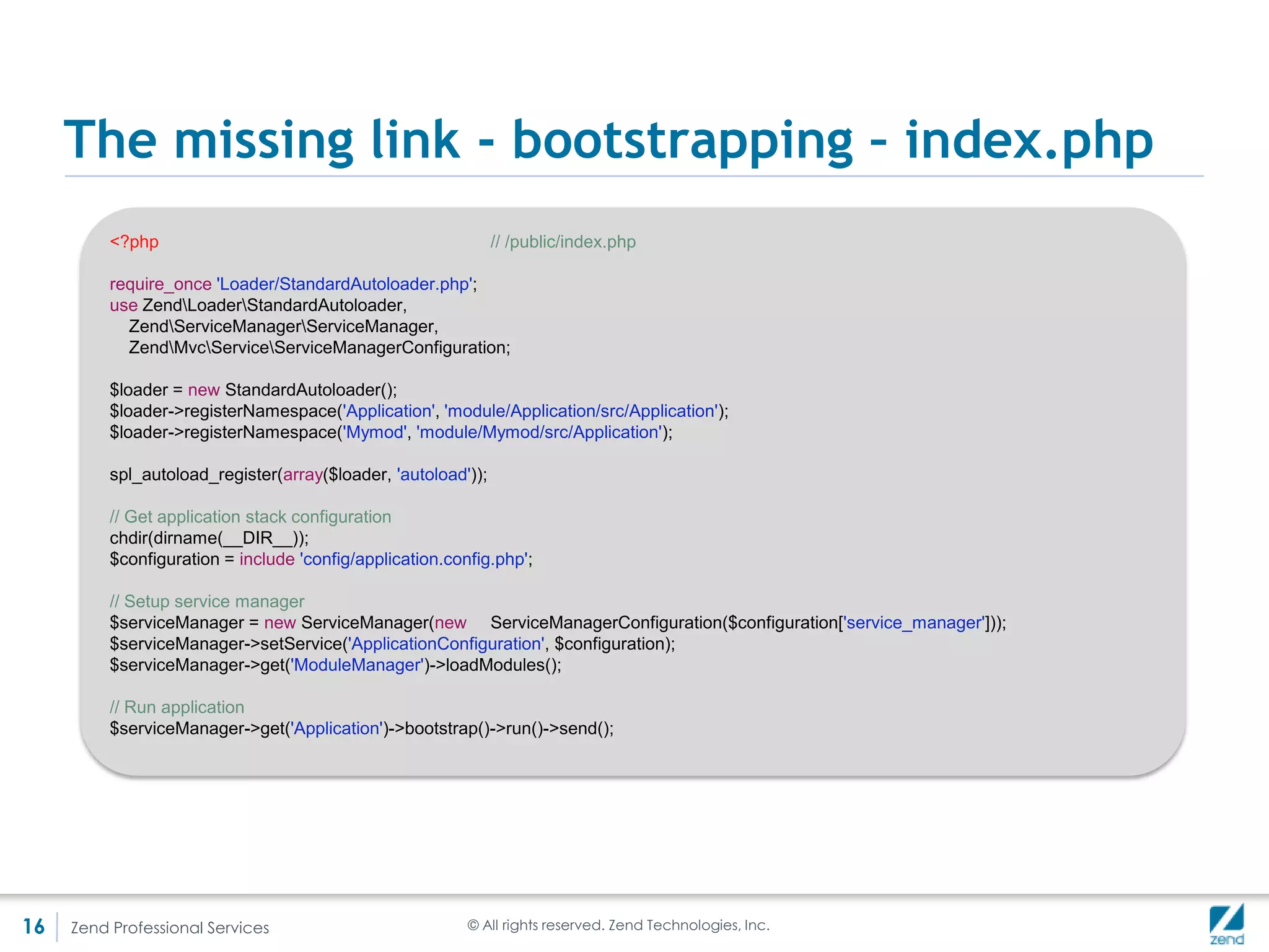 Modules distribution
     • Any source you can think of
         Pyrus

         Git

         Http

         Tar & send

         Composer

     • There is already a ZF2 modules site
                                  http://modules.zendframework.com/
     (We need help! Want to contribute?)




16   Zend Professional Services           © All rights reserved. Zend Technologies, Inc.
 