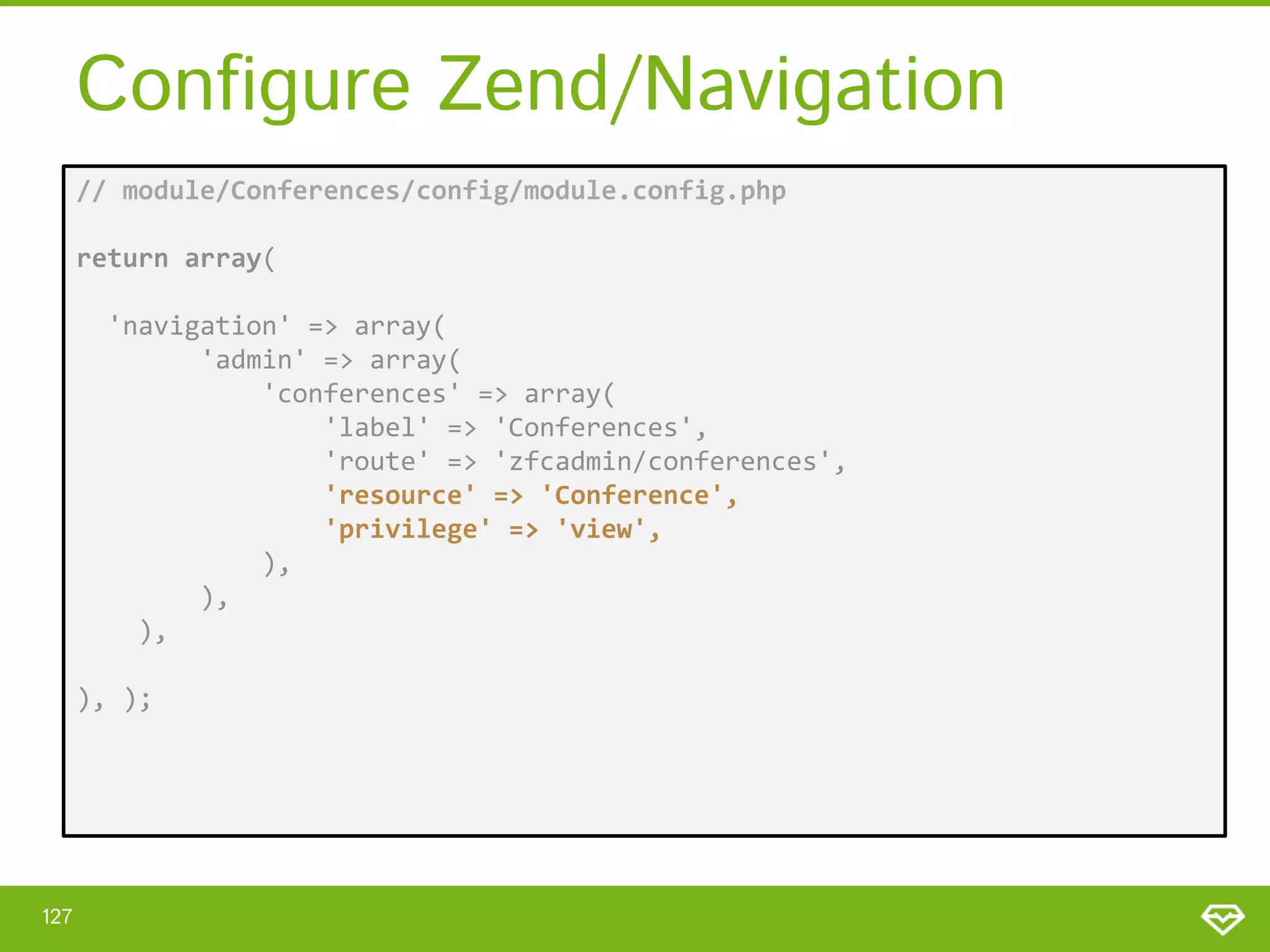 Configure Zend/Navigation // module/Conferences/config/module.config.php return array( 'navigation' => array( 'admin' => array( 'conferences' => array( 'label' => 'Conferences', 'route' => 'zfcadmin/conferences', 'resource' => 'Conference', 'privilege' => 'view', ), ), ), ), ); 127 