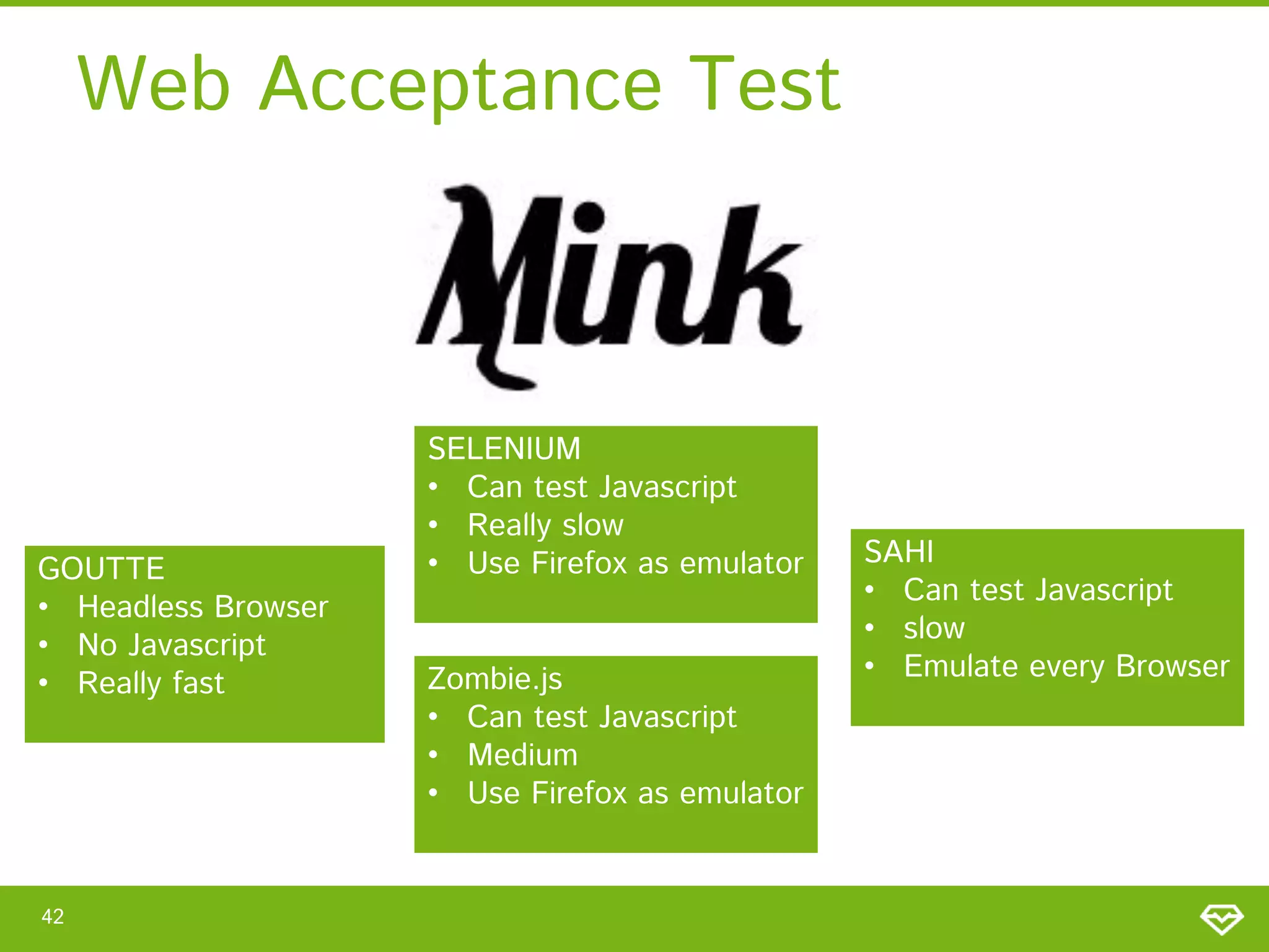 Web Acceptance Test

GOUTTE
• Headless Browser
• No Javascript
• Really fast

42

SELENIUM
• Can test Javascript
• Really slow
• Use Firefox as emulator
Zombie.js
• Can test Javascript
• Medium
• Use Firefox as emulator

SAHI
• Can test Javascript
• slow
• Emulate every Browser

 