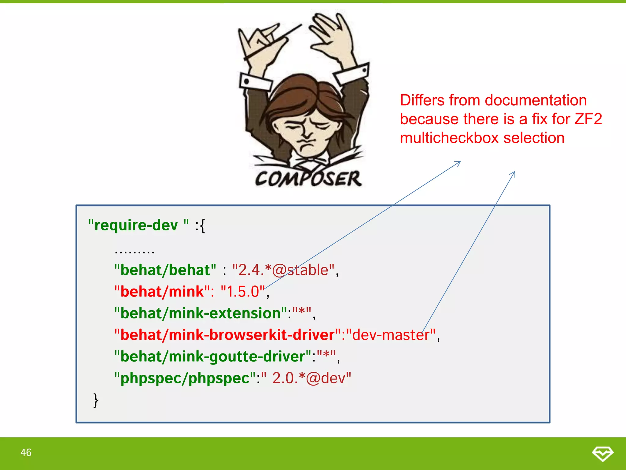 Differs from documentation
because there is a fix for ZF2
multicheckbox selection

"require-dev " :{
.........
"behat/behat" : "2.4.*@stable",
"behat/mink": "1.5.0",
"behat/mink-extension":"*",
"behat/mink-browserkit-driver":"dev-master",
"behat/mink-goutte-driver":"*",
"phpspec/phpspec":" 2.0.*@dev"
}
46

 