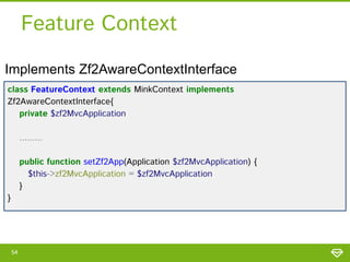 Feature Context
Implements Zf2AwareContextInterface
class FeatureContext extends MinkContext implements
Zf2AwareContextInterface{
private $zf2MvcApplication;
.........
public function setZf2App(Application $zf2MvcApplication) {
$this->zf2MvcApplication = $zf2MvcApplication;
}

}

54

 