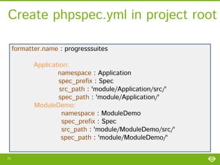Create phpspec.yml in project root
formatter.name : progresssuites
Application:
namespace : Application
spec_prefix : Spec
src_path : 'module/Application/src/'
spec_path : 'module/Application/'
ModuleDemo:
namespace : ModuleDemo
spec_prefix : Spec
src_path : 'module/ModuleDemo/src/'
spec_path : 'module/ModuleDemo/'
71

 