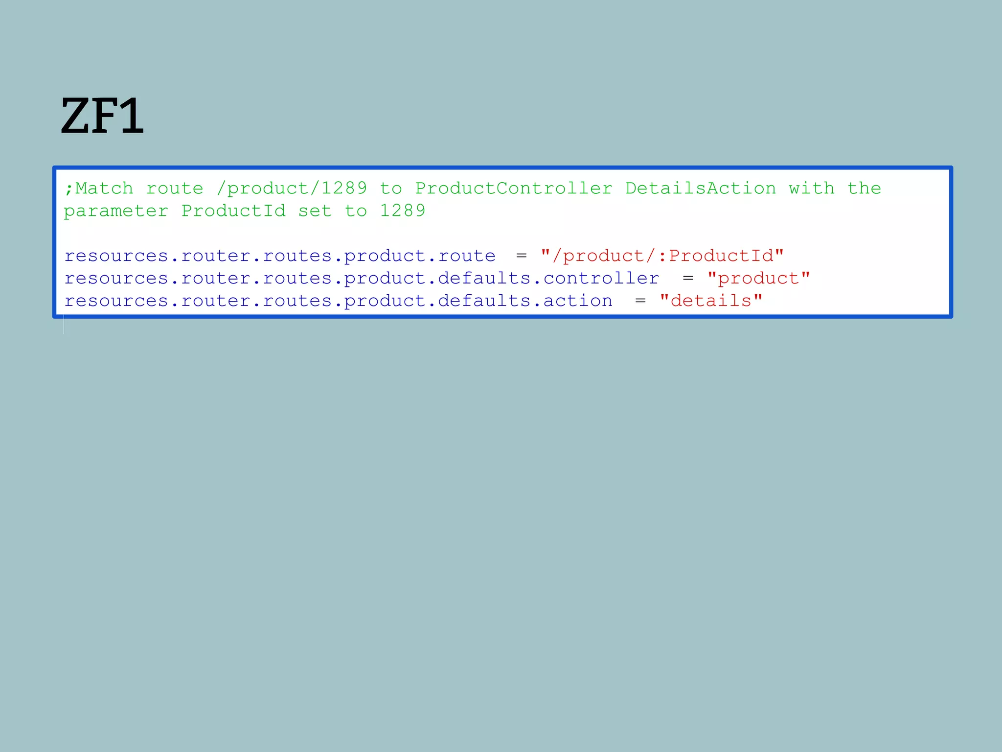 ZF1
;Match route /product/1289 to ProductController DetailsAction with the
parameter ProductId set to 1289

resources.router.routes.product.route = "/product/:ProductId"
resources.router.routes.product.defaults.controller = "product"
resources.router.routes.product.defaults.action = "details"
 