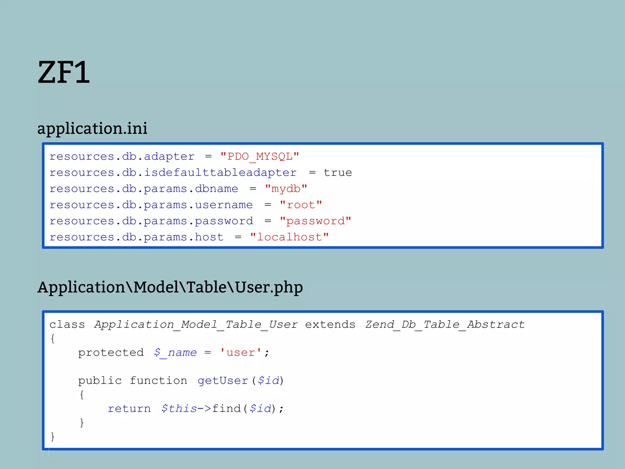 ZF1
application.ini
 resources.db.adapter = "PDO_MYSQL"
 resources.db.isdefaulttableadapter = true
 resources.db.params.dbname = "mydb"
 resources.db.params.username = "root"
 resources.db.params.password = "password"
 resources.db.params.host = "localhost"



ApplicationModelTableUser.php

 class Application_Model_Table_User extends Zend_Db_Table_Abstract
 {
     protected $_name = 'user';

     public function getUser($id)
     {
         return $this->find($id);
     }
 }
 