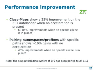 Performance improvement

●   Class-Maps show a 25% improvement on the
      ZF1 autoloader when no acceleration is
      present
       ▶   60-85% improvements when an opcode cache
           is in place!

●   Pairing namespaces/prefixes with specific
     paths shows >10% gains with no
     acceleration
       ▶   40% improvements when an opcode cache is in
           place!

Note: The new autoloading system of ZF2 has been ported to ZF 1.12


                        © All rights reserved. Zend Technologies, Inc.
 