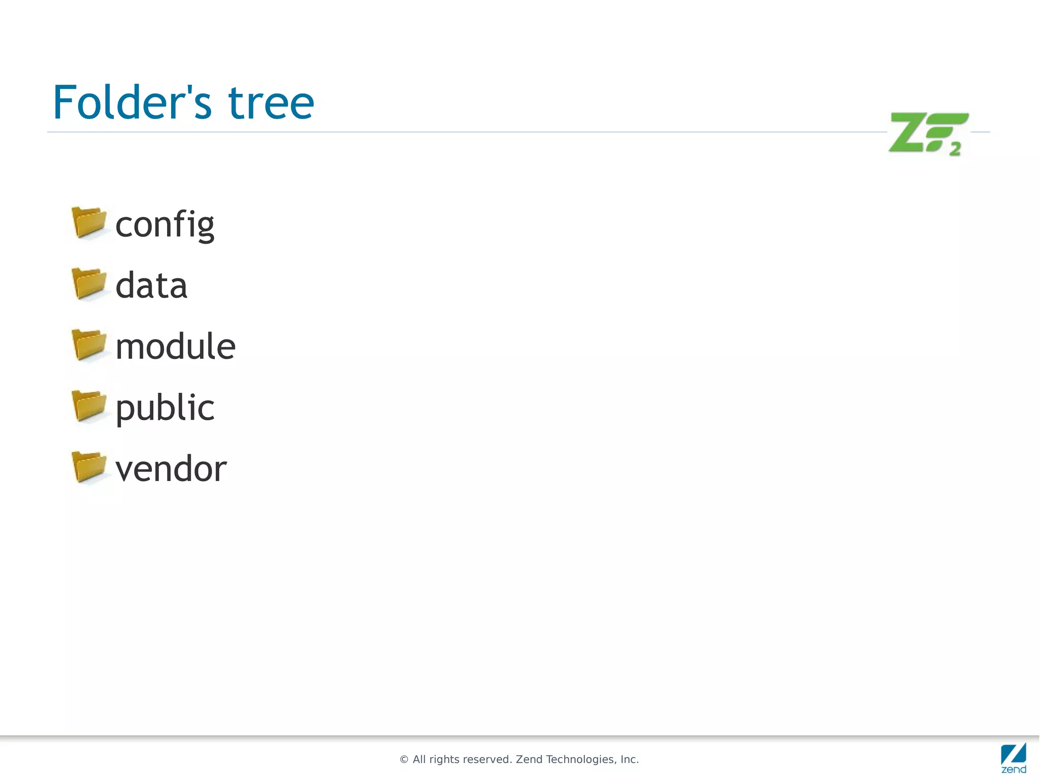 Folder's tree

   config
   data
   module
   public
   vendor




                © All rights reserved. Zend Technologies, Inc.
 