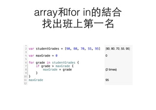 array和for in的結合
找出班上第⼀一名
 
