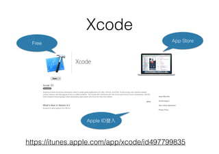 Xcode
App StoreFree
Apple ID登⼊入
https://itunes.apple.com/app/xcode/id497799835
 