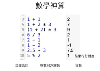 數學神算
加減乘除 整數和浮點數 負數
結果⾏行⾏行對應
 