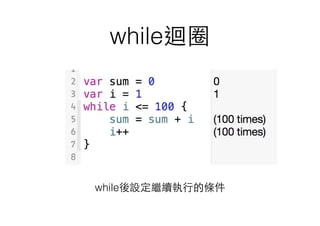 while迴圈
while後設定繼續執⾏行的條件
 