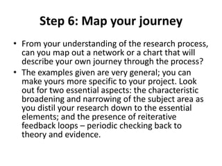 Step 6: Map your journey 
• From your understanding of the research process, 
can you map out a network or a chart that will 
describe your own journey through the process? 
• The examples given are very general; you can 
make yours more specific to your project. Look 
out for two essential aspects: the characteristic 
broadening and narrowing of the subject area as 
you distil your research down to the essential 
elements; and the presence of reiterative 
feedback loops – periodic checking back to 
theory and evidence. 
 