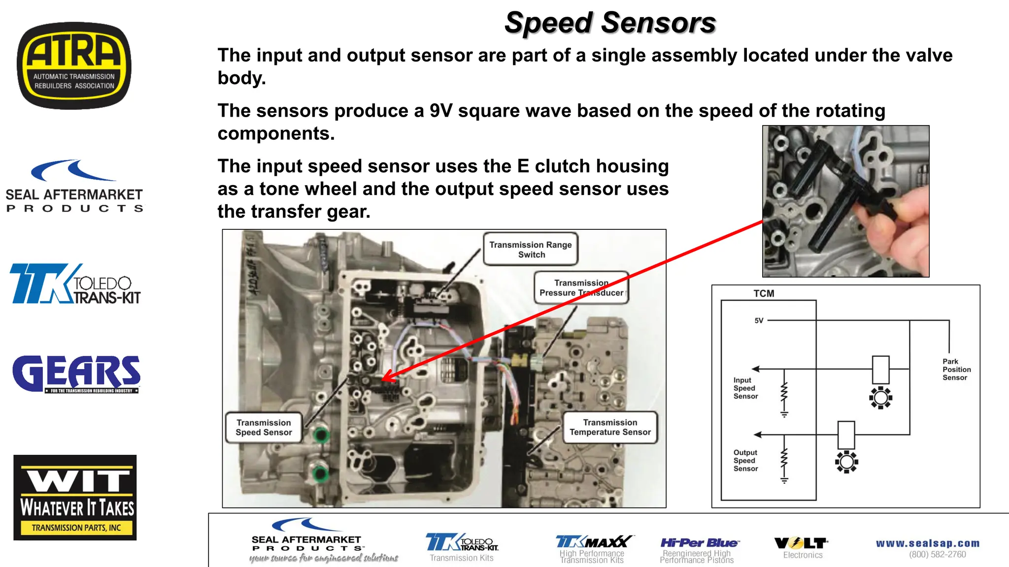 Speed Sensors
The input and output sensor are part of a single assembly located under the valve
body.
The sensors produce a 9V square wave based on the speed of the rotating
components.
The input speed sensor uses the E clutch housing
as a tone wheel and the output speed sensor uses
the transfer gear.
 