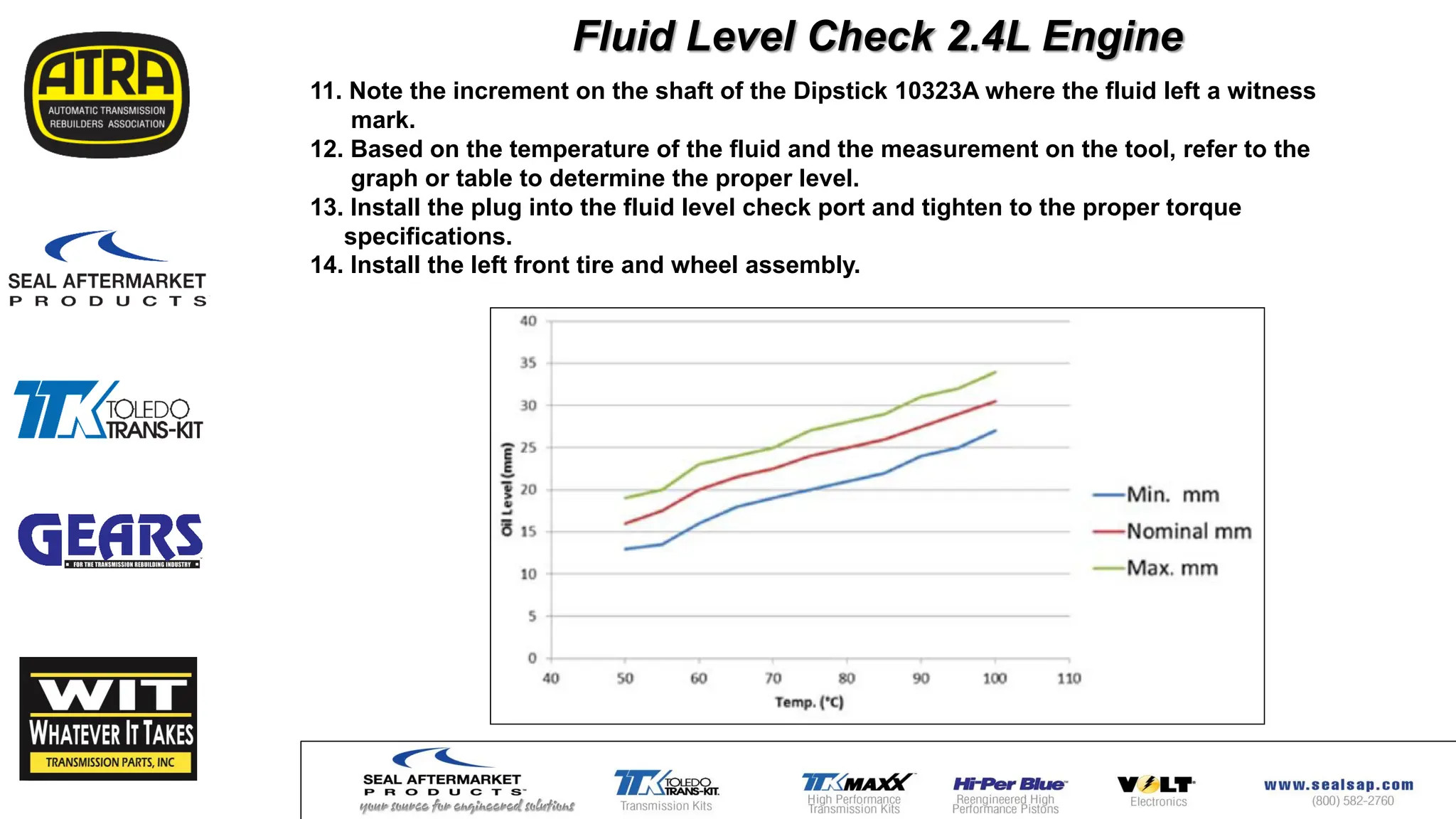 11. Note the increment on the shaft of the Dipstick 10323A where the fluid left a witness
mark.
12. Based on the temperature of the fluid and the measurement on the tool, refer to the
graph or table to determine the proper level.
13. Install the plug into the fluid level check port and tighten to the proper torque
specifications.
14. Install the left front tire and wheel assembly.
Fluid Level Check 2.4L Engine
 