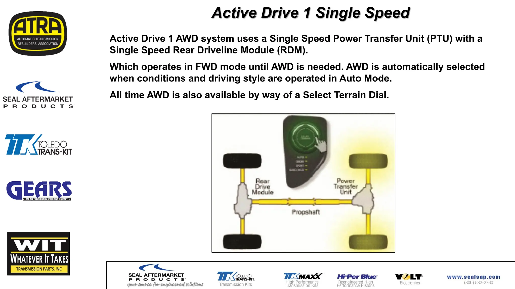 Active Drive 1 AWD system uses a Single Speed Power Transfer Unit (PTU) with a
Single Speed Rear Driveline Module (RDM).
Which operates in FWD mode until AWD is needed. AWD is automatically selected
when conditions and driving style are operated in Auto Mode.
All time AWD is also available by way of a Select Terrain Dial.
Active Drive 1 Single Speed
 