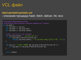 VCL файл
/etc/varnish/varnish.vcl
- описание процедур hash, fetch, deliver, hit, recv
 